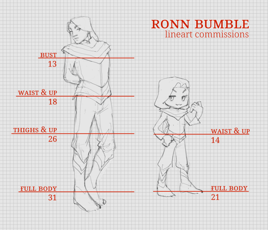 Line-art Commission prices: Bust, 13. Hips, 18. Thighs, 26. Full body, 31. For chibi style, Hips,14. Full body, 21.