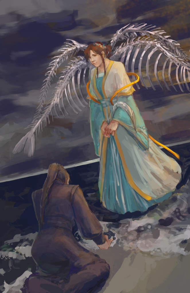 Heaven Official's Blessing fan-art painting by Ronn Bumble depicting A woman with giant fish skeletons as wings. A man kneels in front of her.
