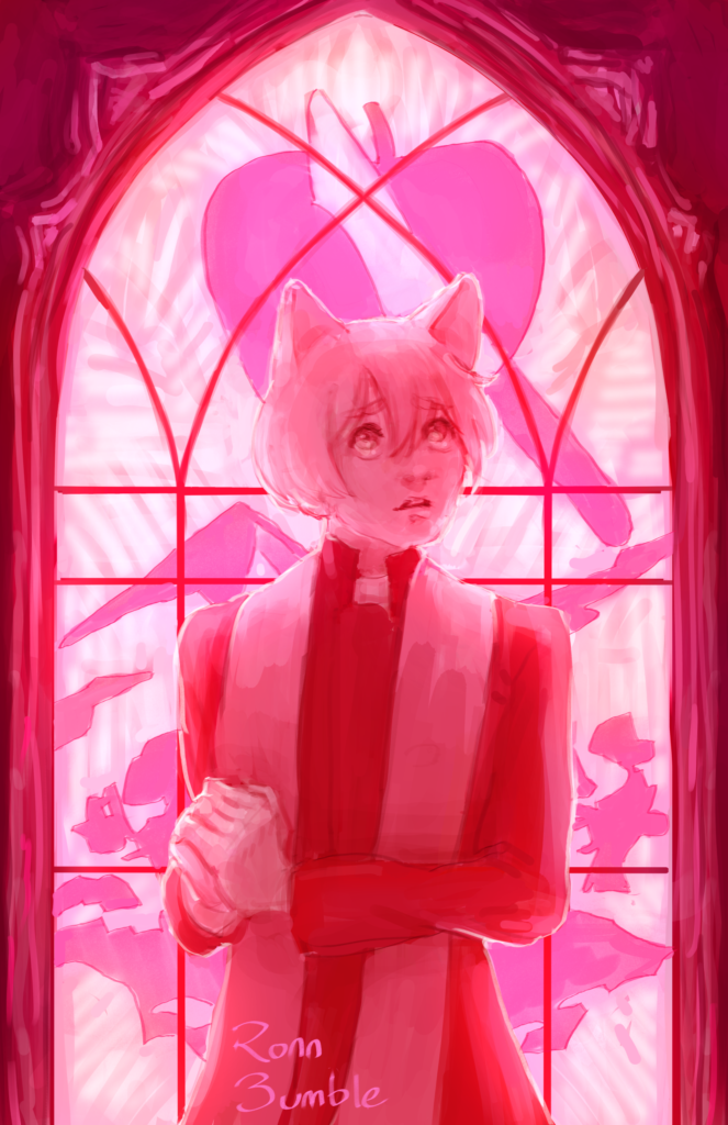 Original painting in pink and red of a catboy priest praying in front of a stained glass window.