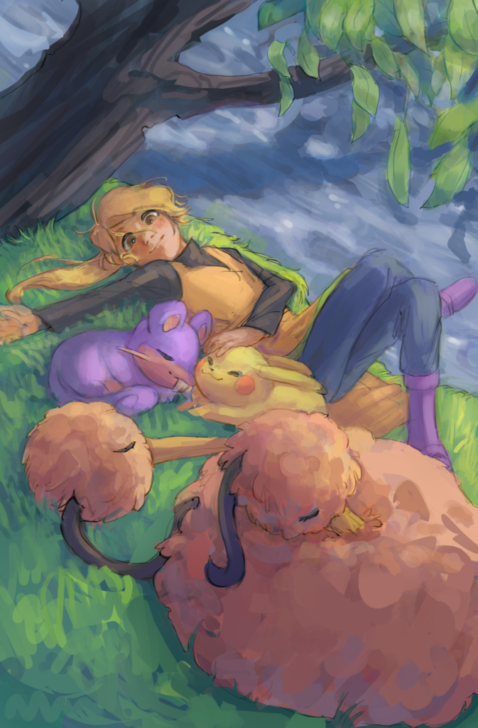 Painting of pokemon special yellow realxing next to a river with a few of their pokemon. 